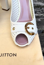 Load image into Gallery viewer, LOUIS VUITTON Perforated Leather Buckle Peep-Toe High Heel Pumps
