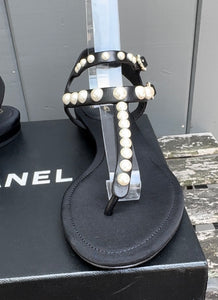 CHANEL Pearl Embellished Lambskin Thong Sandals