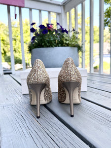 JIMMY CHOO London Romy Gold Glitter High Heel Pumps