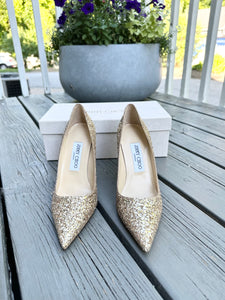 JIMMY CHOO London Romy Gold Glitter High Heel Pumps