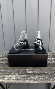 CHANEL Pearl Embellished Lambskin Thong Sandals