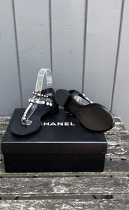 CHANEL Pearl Embellished Lambskin Thong Sandals