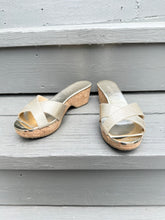 Load image into Gallery viewer, JIMMY CHOO Panna Gold Glitter Cork Wedge Leather Slide Sandals
