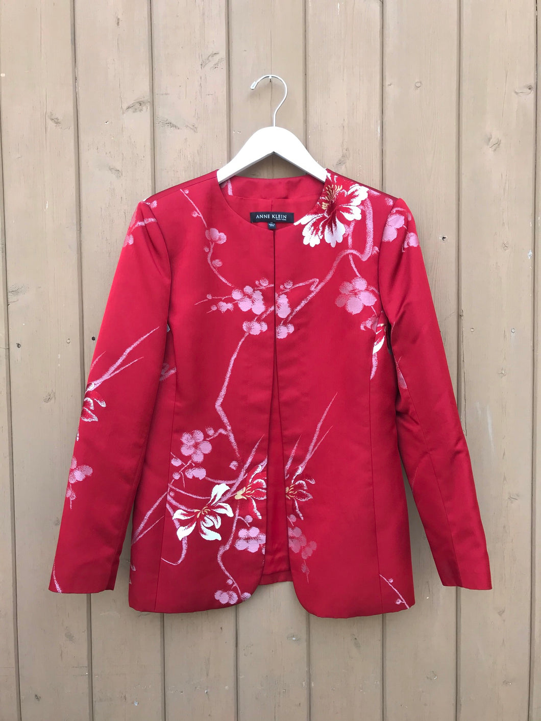 ANNE KLEIN Red Floral Print Open Jacket