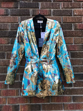 Load image into Gallery viewer, YVES SAINT LAURENT Paris Gold Turquoise Print Silk Blend Romper
