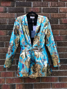 YVES SAINT LAURENT Paris Gold Turquoise Print Silk Blend Romper