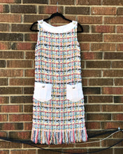 Load image into Gallery viewer, CHANEL Multi Colour Tweed Fringed Hem S’less Midi Belted Dress
