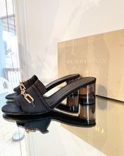 Load image into Gallery viewer, BURBERRY Coleford Satin Chain Embellished Mid-Block Heel Slide Sandals
