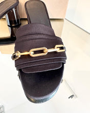 Load image into Gallery viewer, BURBERRY Coleford Satin Chain Embellished Mid-Block Heel Slide Sandals
