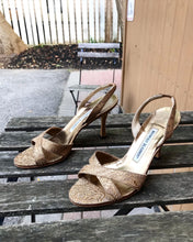 Load image into Gallery viewer, MANOLO BLAHNIK Gold Fabric Heels
