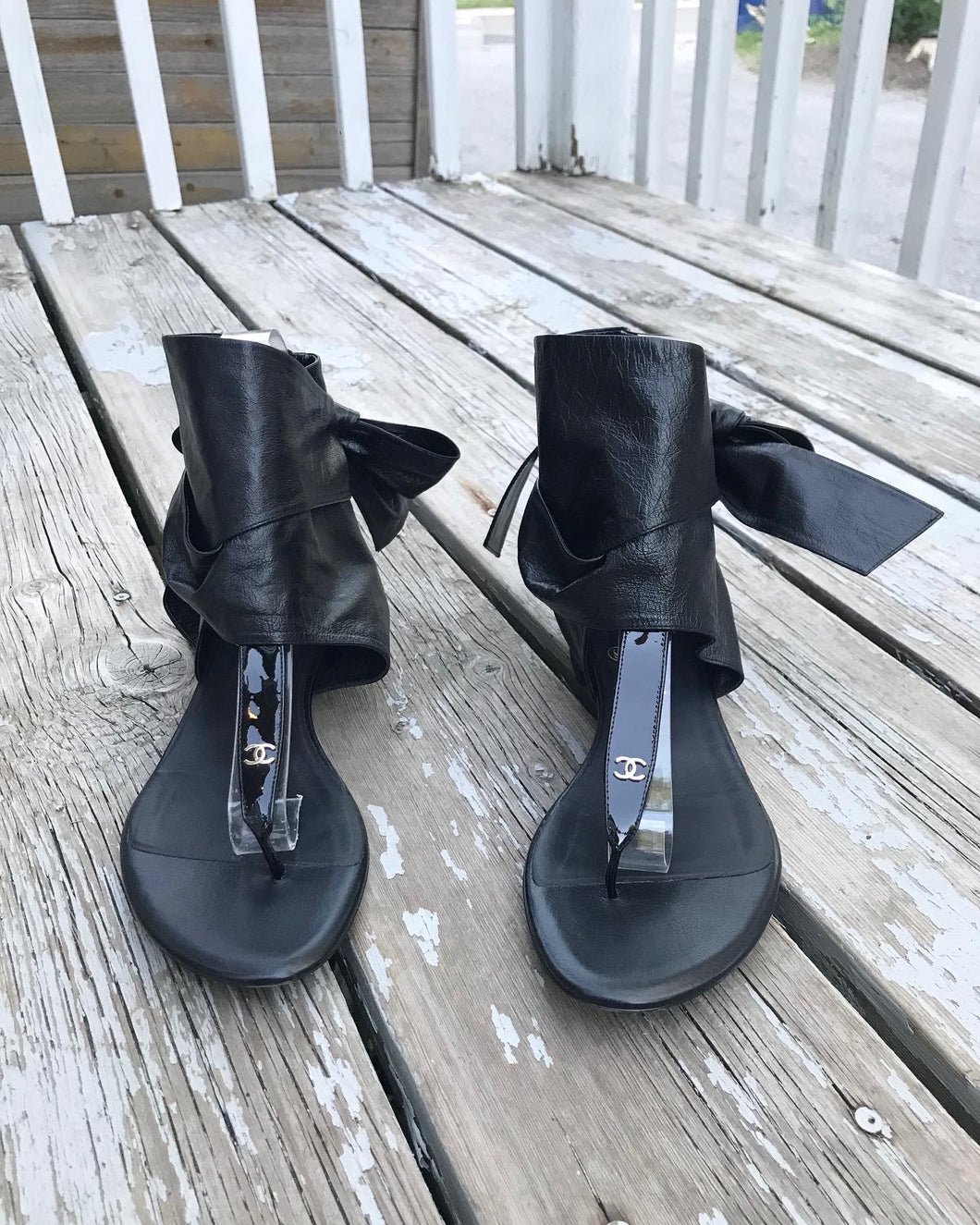 CHANEL Leather Wrap Thong Sandals