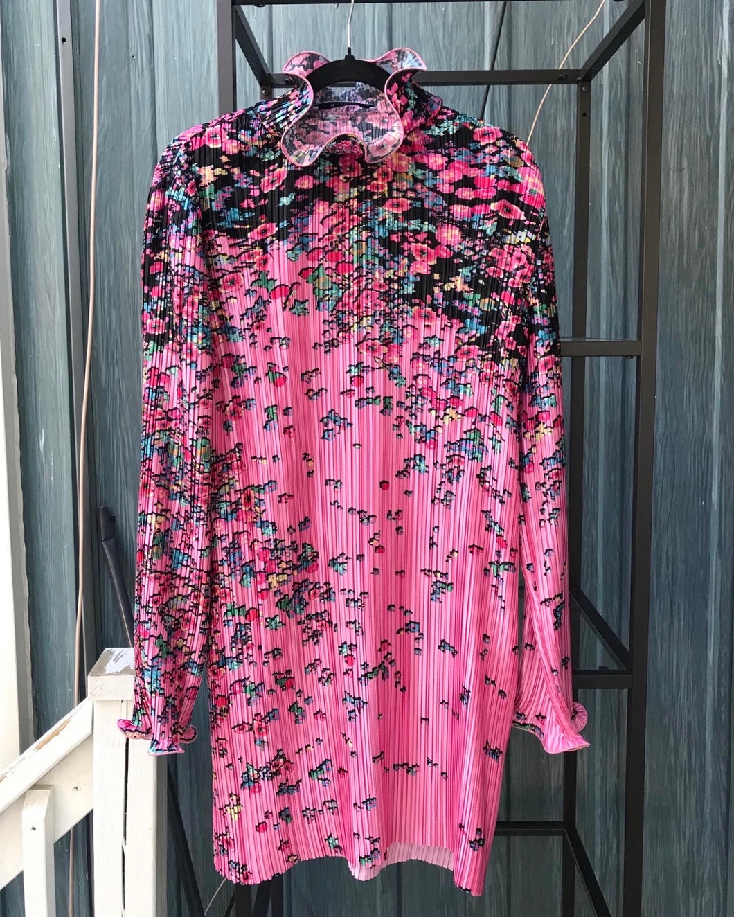 GIVENCHY Plisse Pink Floral Print Crinkle Mock Neck Long Sleeve Dress