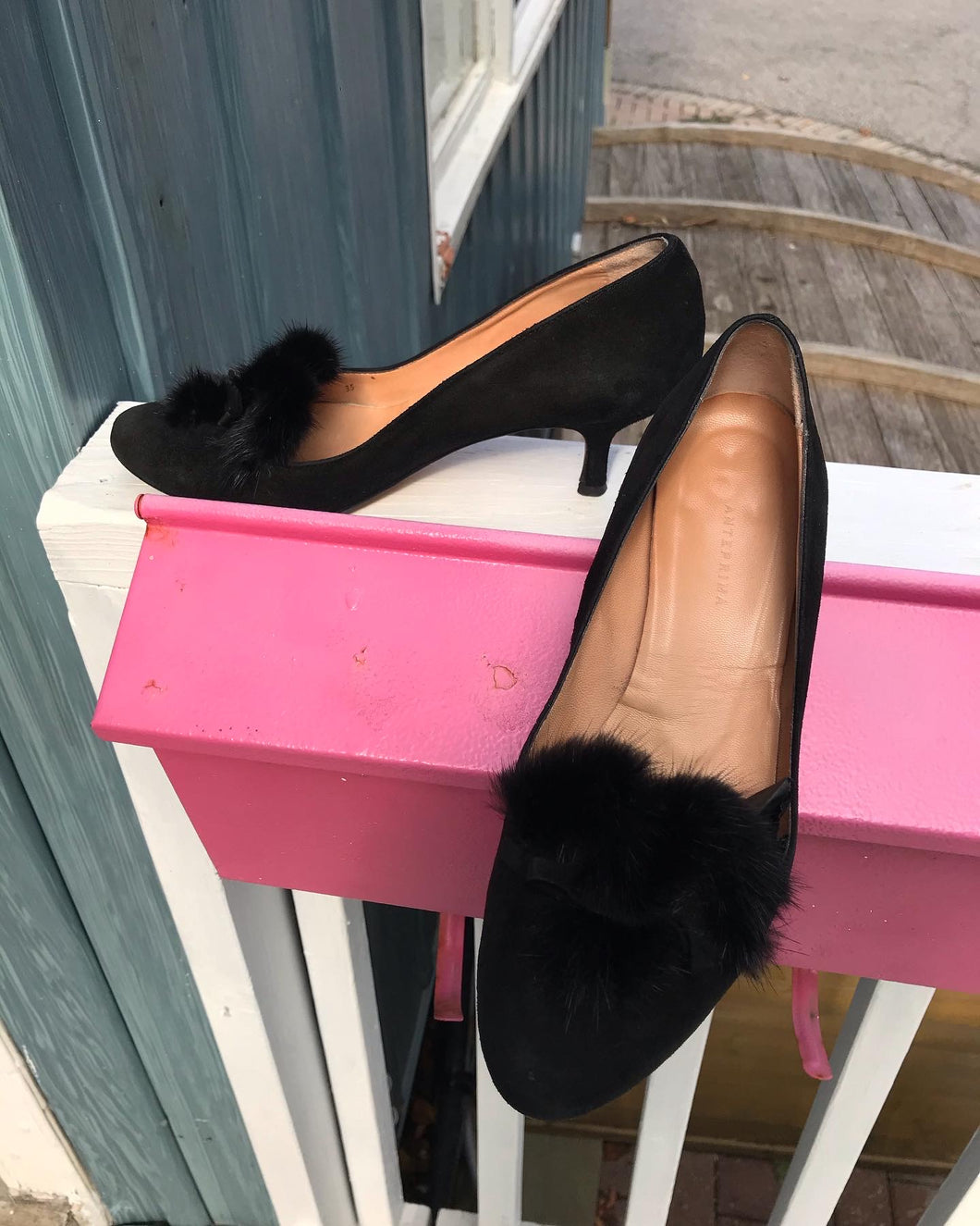 ANTEPRIMA Suede Fur Embellished Kitten Heel Pumps