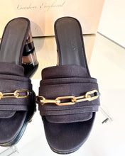 Load image into Gallery viewer, BURBERRY Coleford Satin Chain Embellished Mid-Block Heel Slide Sandals
