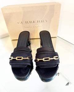 BURBERRY Coleford Satin Chain Embellished Mid-Block Heel Slide Sandals