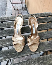 Load image into Gallery viewer, MANOLO BLAHNIK Gold Fabric Heels
